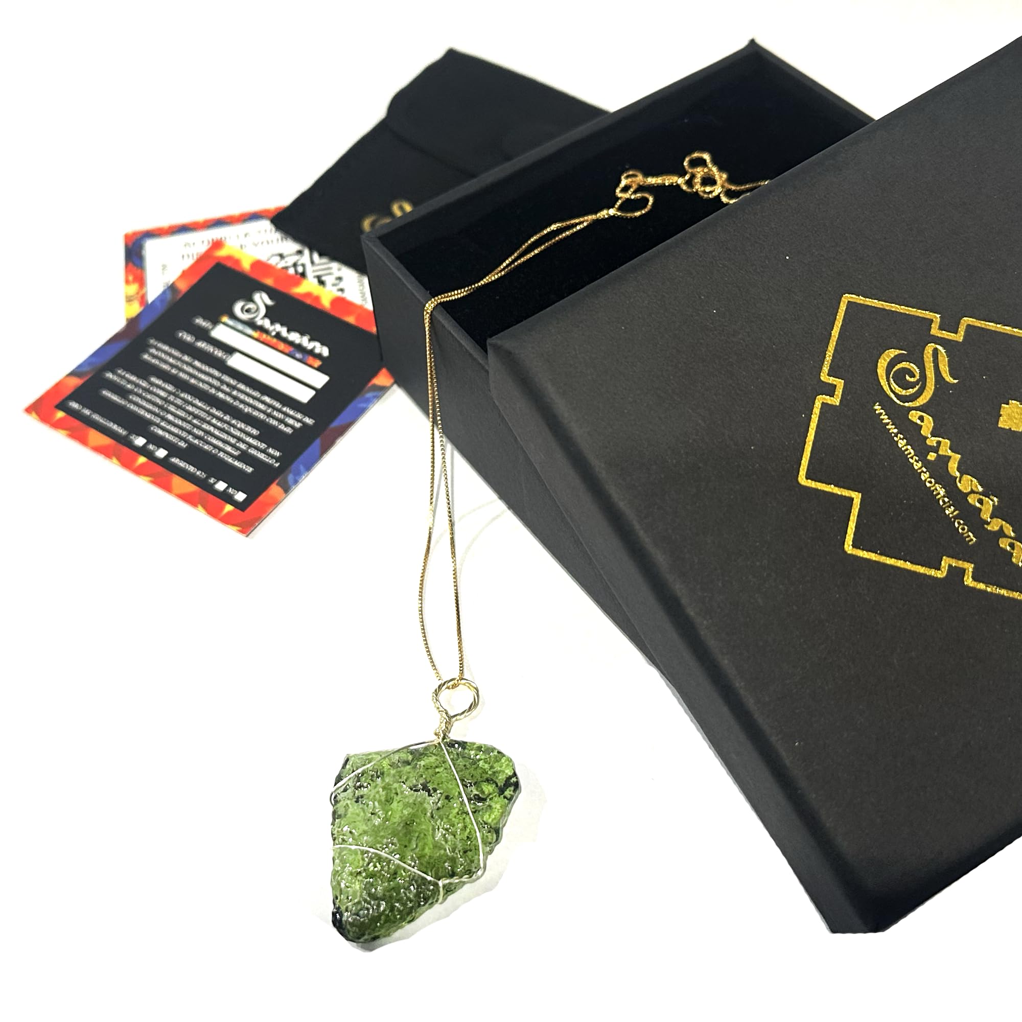 Samsara - Collana in Argento 925 con Ciondolo in Moldavite Certificata - Collana da Donna In Cristallo di Meteorite, Potenza Energetica - Confezione Regalo e Certificato Gemmologico