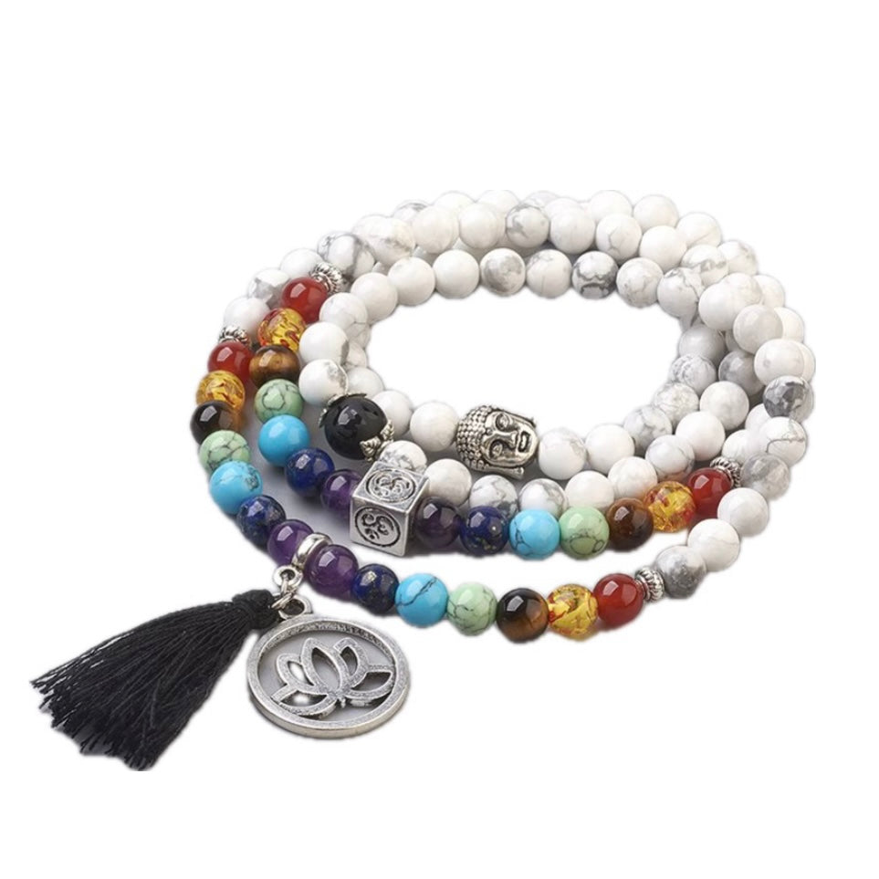 Mala Tibetana Howlite con Chakra, Ciondolo Loto e Nappa - Collana Rosario