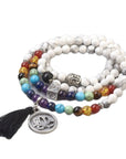 Mala Tibetana Howlite con Chakra, Ciondolo Loto e Nappa - Collana Rosario