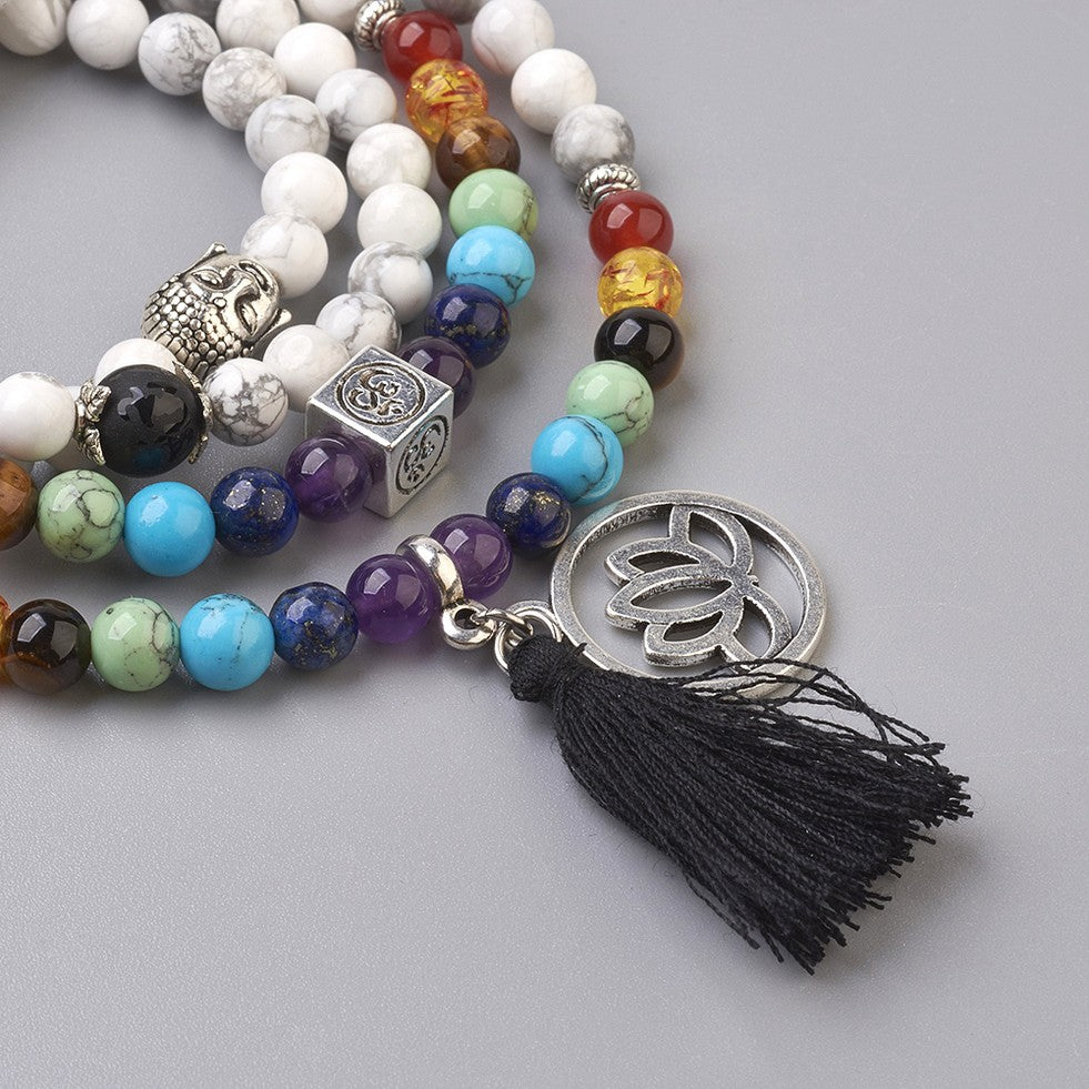 Mala Tibetana Howlite con Chakra, Ciondolo Loto e Nappa - Collana Rosario