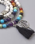 Mala Tibetana Howlite con Chakra, Ciondolo Loto e Nappa - Collana Rosario