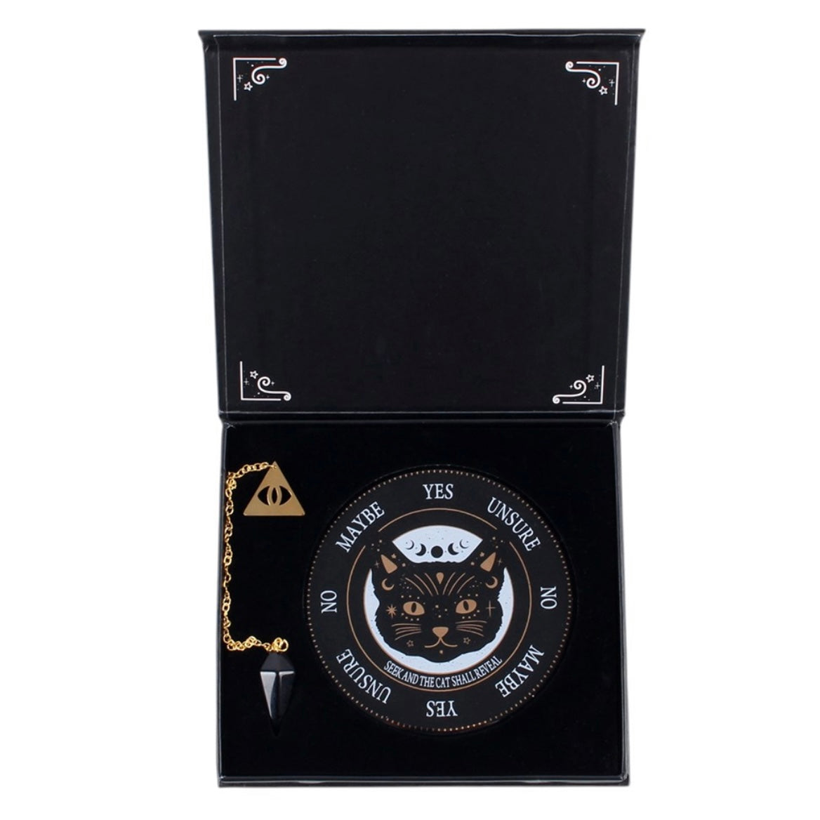 KIT DIVINAZIONE BLACK CAT MAGIC - Pendolo in ossidiana e tavola divinatoria in ceramica