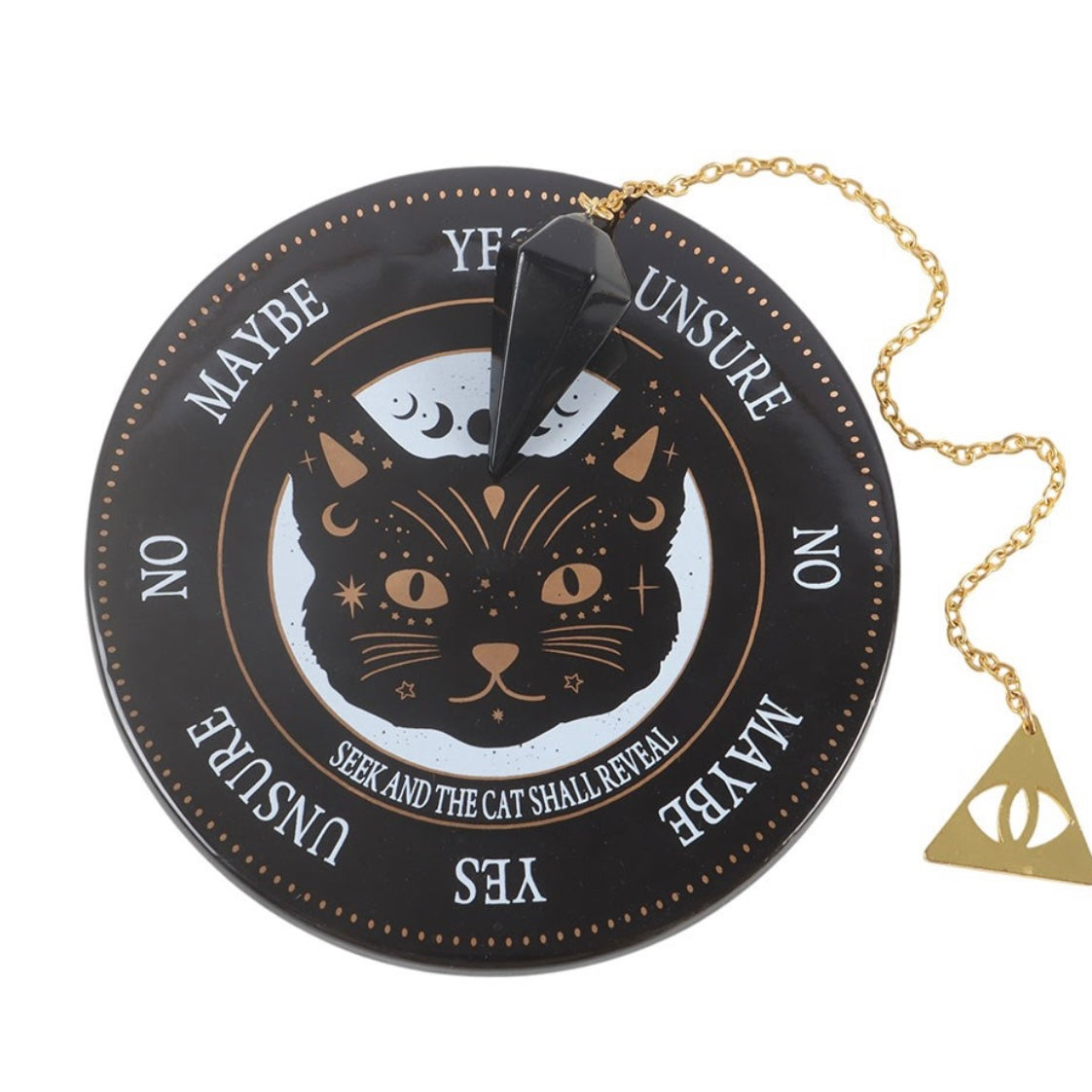 KIT DIVINAZIONE BLACK CAT MAGIC - Pendolo in ossidiana e tavola divinatoria in ceramica