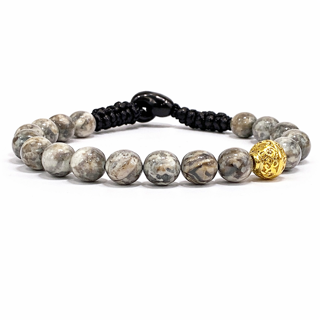 SAMSARA BRACCIALE TIBETANO IN AGATA FOSSILE - Stabilità, protezione e radicamento