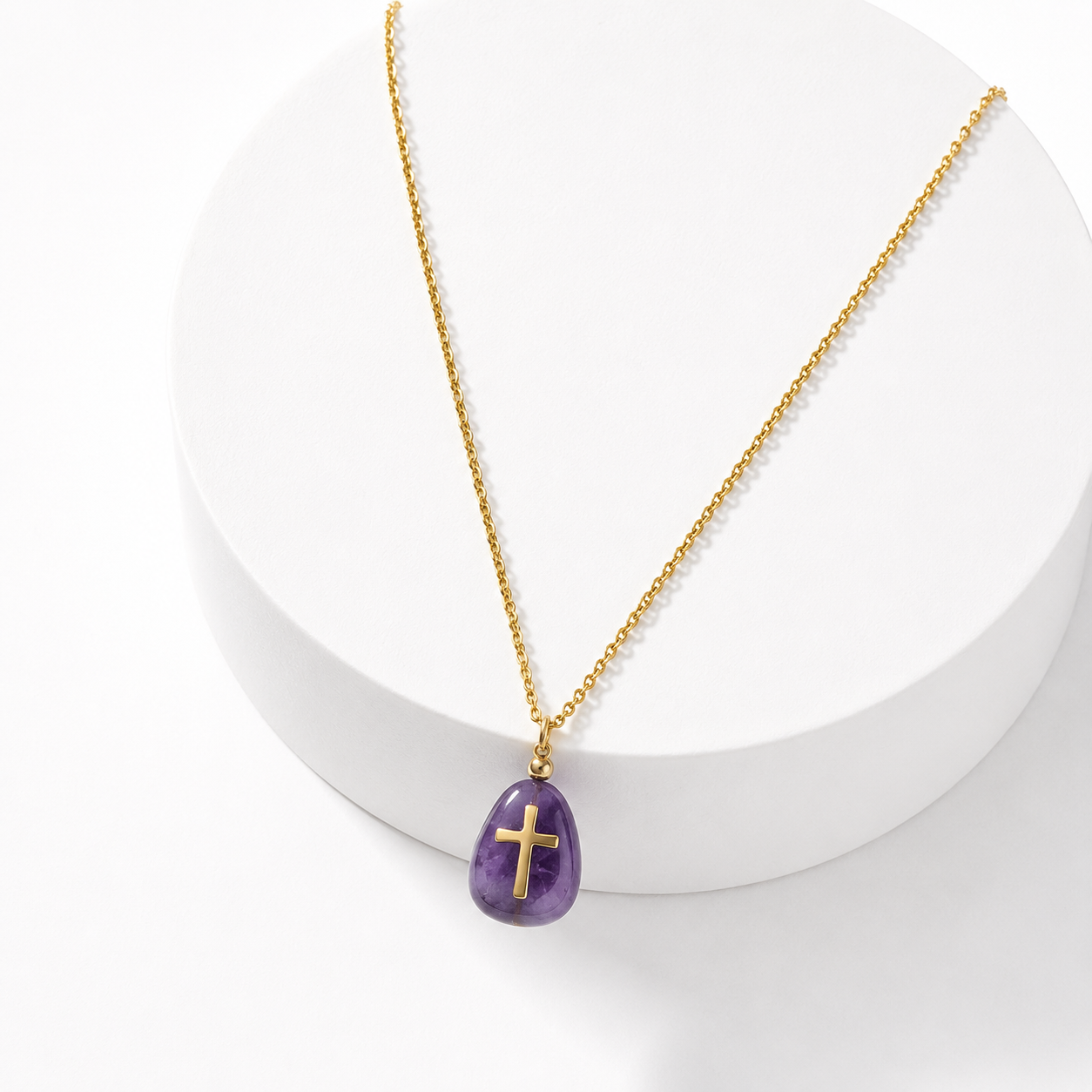 Collana con catena a croce e Ametista - Acciaio inox