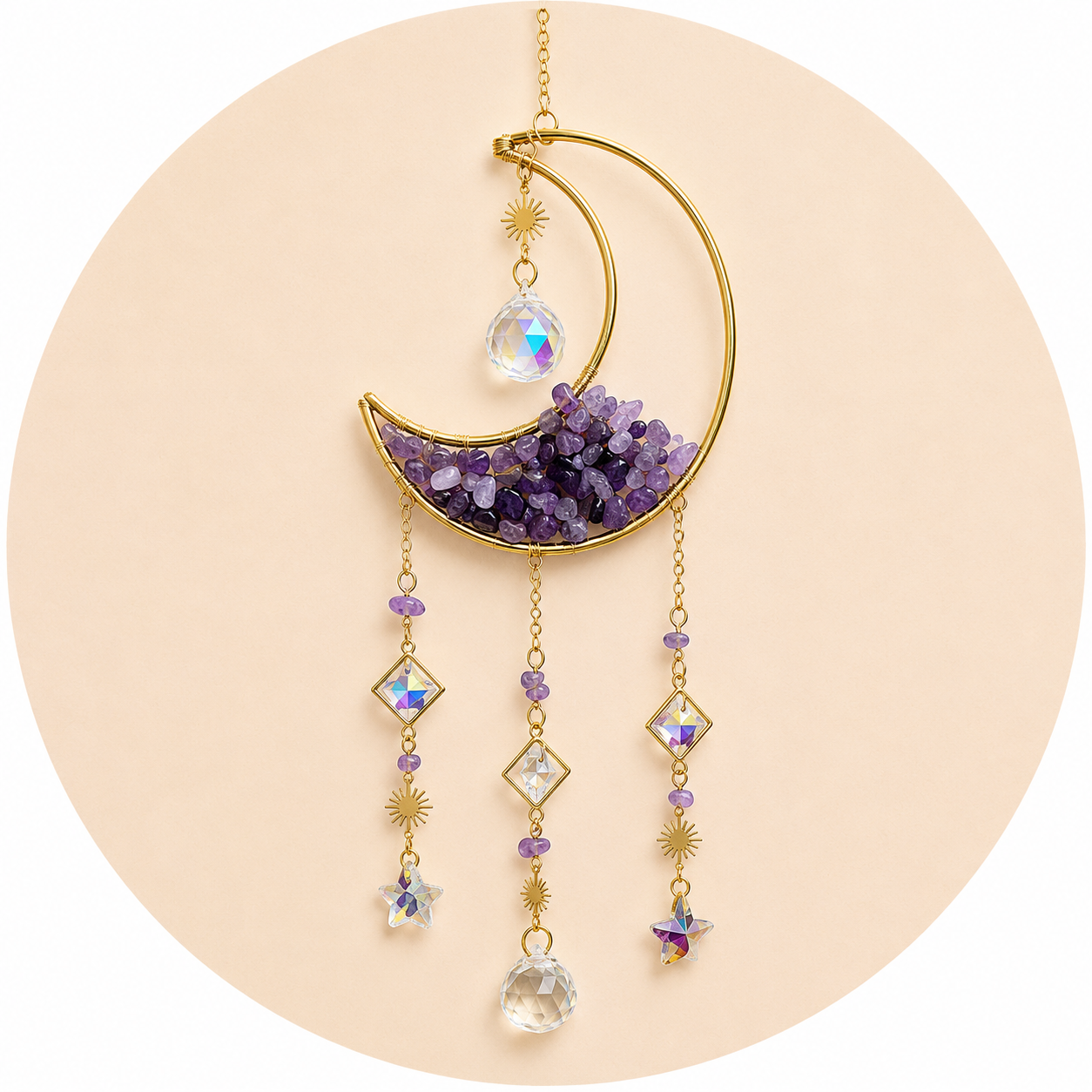 Single sun in the shape of a moon with amethyst - crystal 48cm