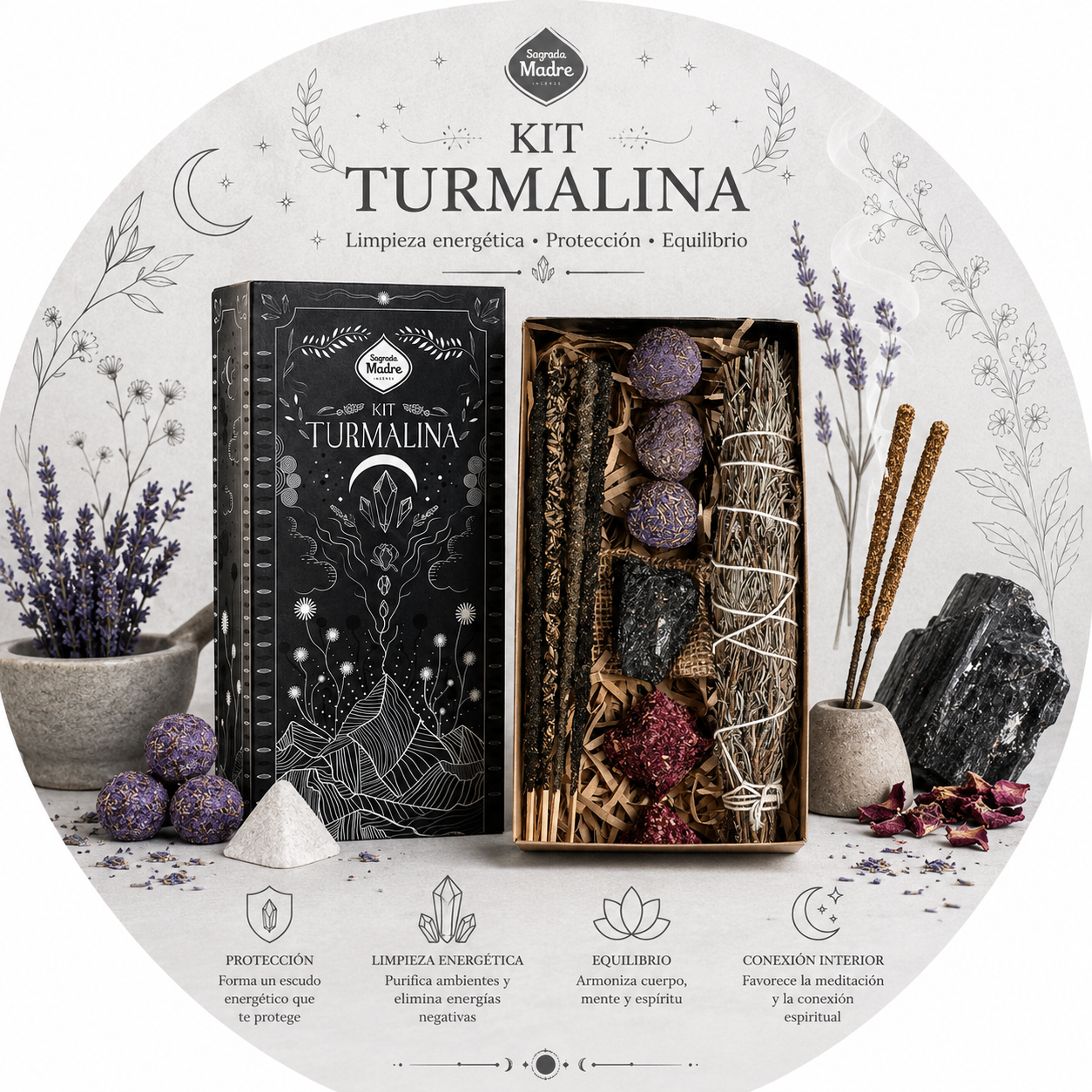 Sagrada Mother Torre Kit - Smudge, Bomb, incense and black tourist stone