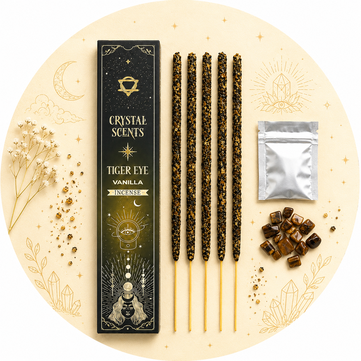CRYSTAL SCENTS INCENSO IN BASTONCINI E CHIPS DI PIETRA NATURALE - Occhio di tigre