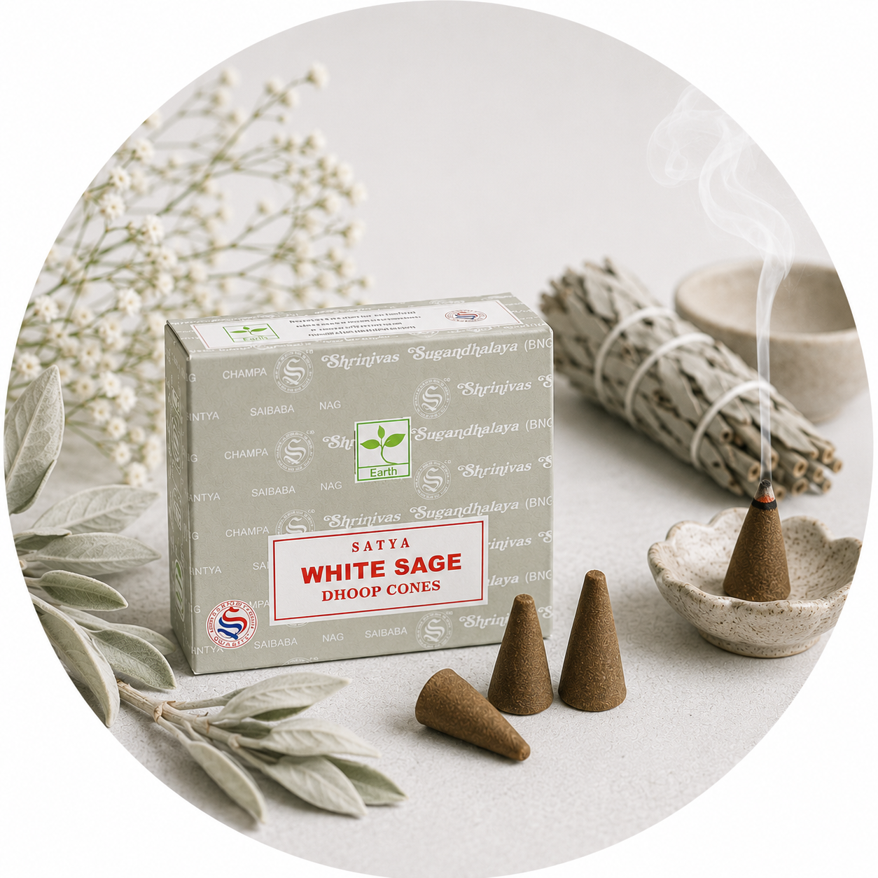 Satya White Sage Incense in 100% Natural Coni - Support included