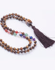 Mala Tibetana in Occhio di Tigre 7 chakra con Nappa - Collana Rosario 108 Perle