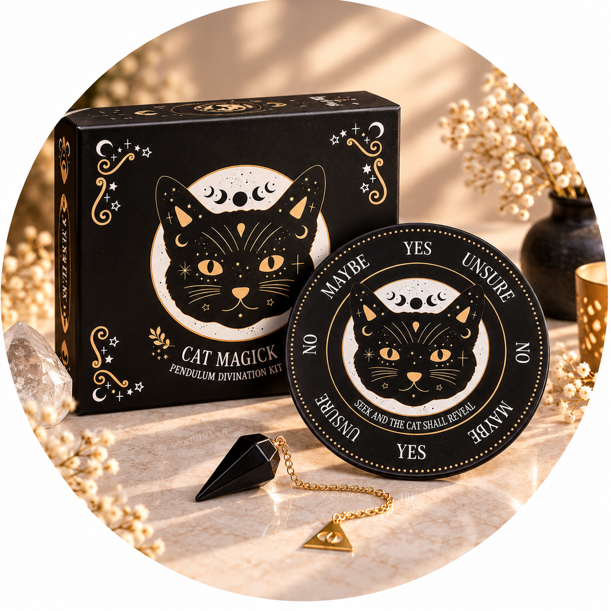 KIT DIVINAZIONE BLACK CAT MAGIC - Pendolo in ossidiana e tavola divinatoria in ceramica
