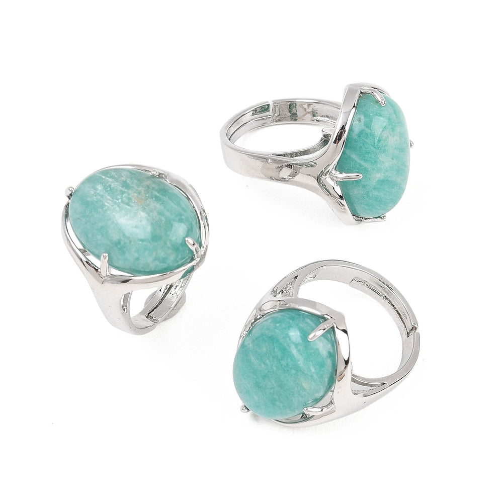 Anello Regolabile con Amazzonite Naturale – Ottone Color Platino