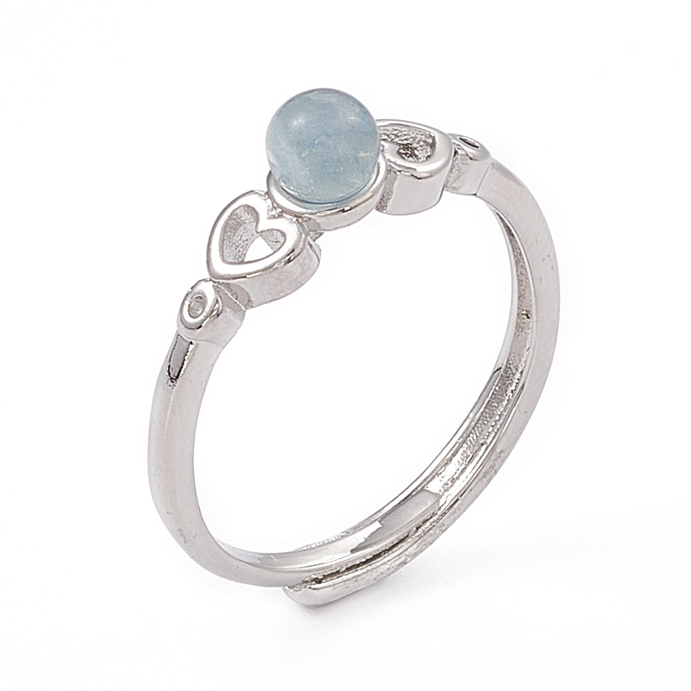 Anello Regolabile con Acquamarina Naturale a Cuore – Ottone Color Platino