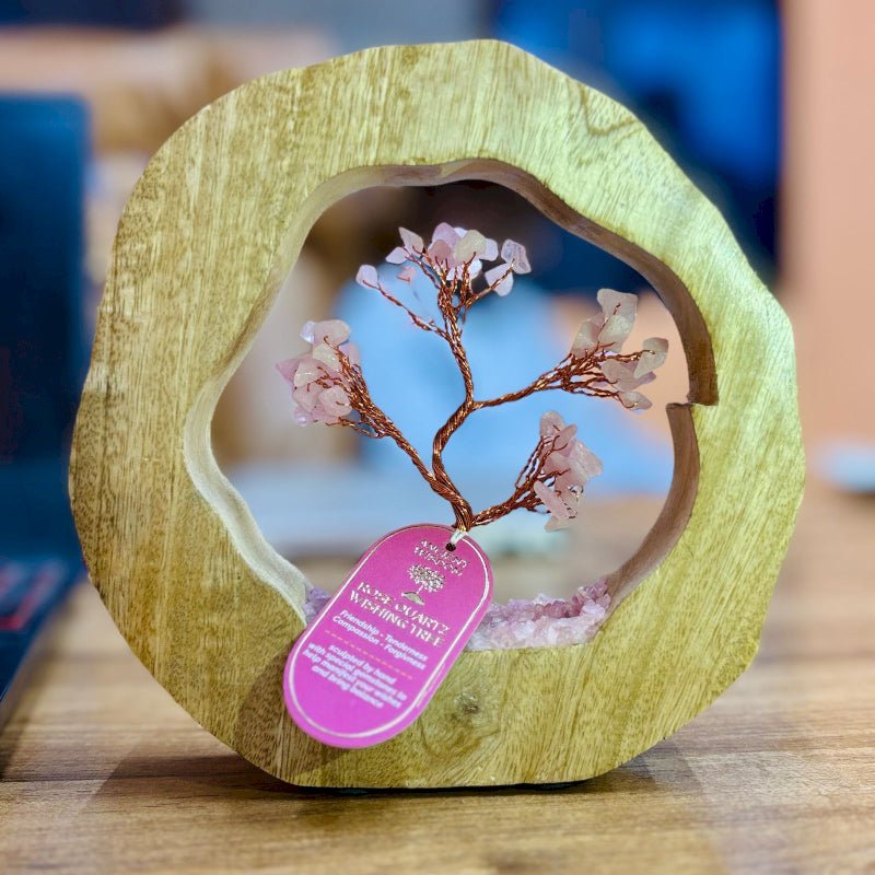 ALBERO IN QUARZO ROSA CON ANELLO IN MANGO - Amore e armonia - Clorophilla Shop