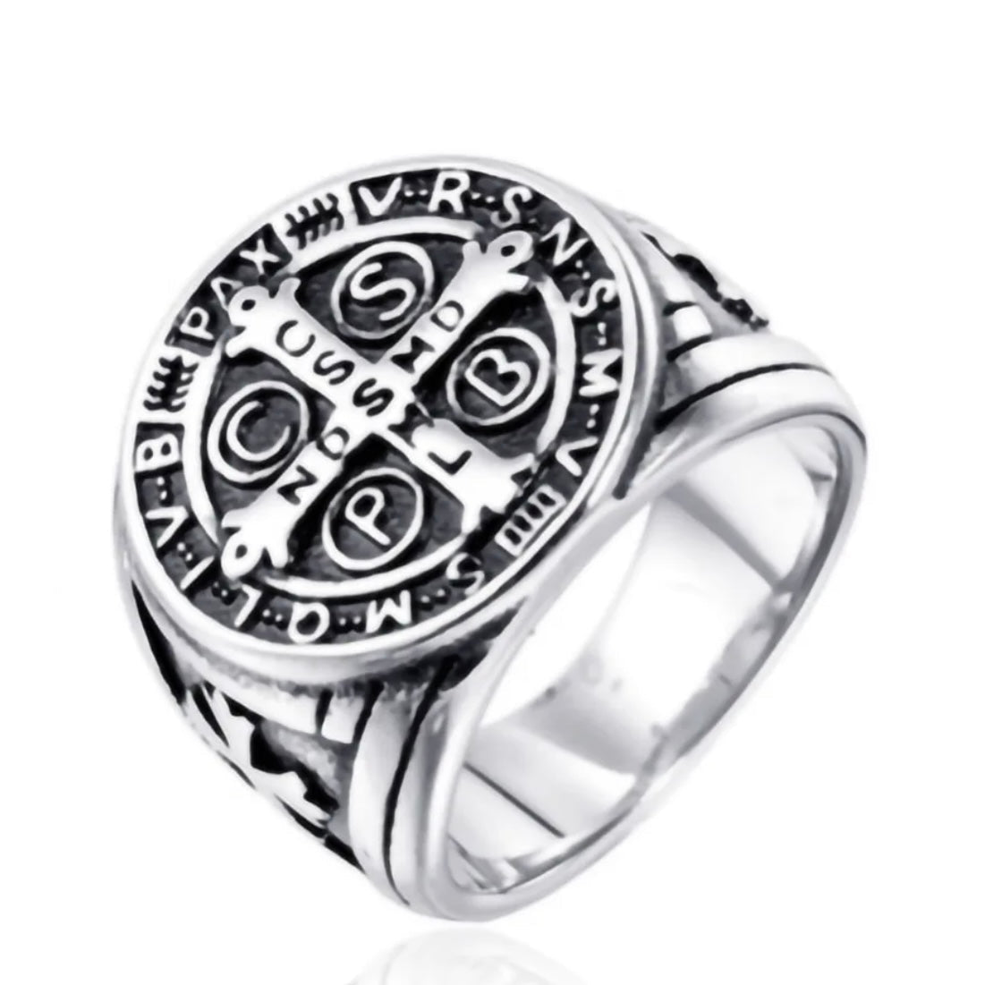 ANELLO CROCE DI SAN BENEDETTO IN ACCIAIO INOX - Colore argento - Clorophilla Shop