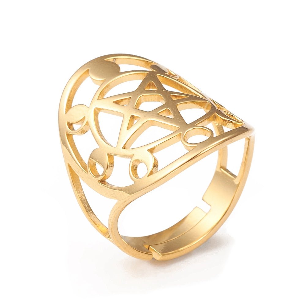 ANELLO FASI LUNARI PENTAGRAMMA - Acciaio inox oro - Clorophilla Shop