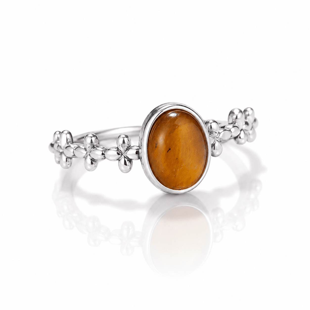 ANELLO FLOREALE CON OCCHIO DI TIGRE IN ARGENTO 925 - Forza e determinazione - Clorophilla Shop