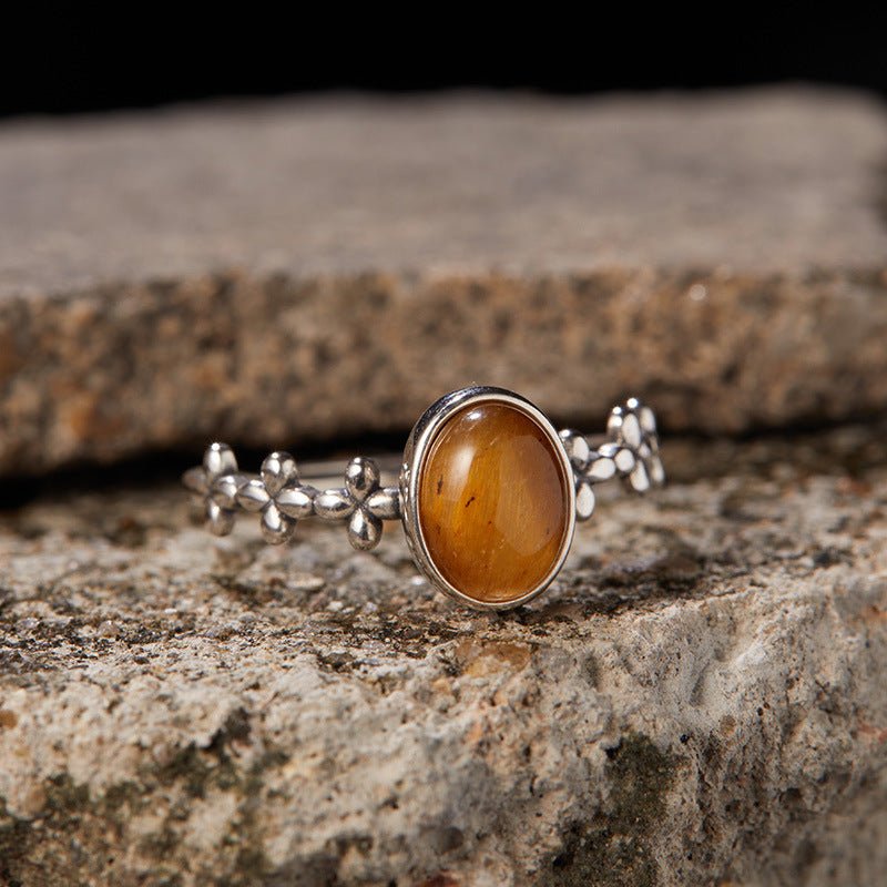 ANELLO FLOREALE CON OCCHIO DI TIGRE IN ARGENTO 925 - Forza e determinazione - Clorophilla Shop