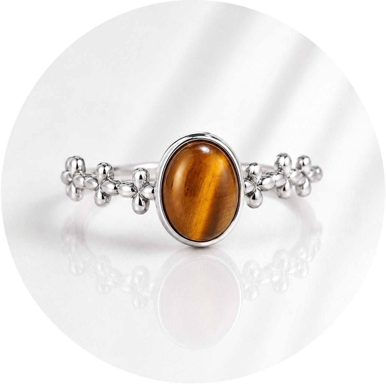 ANELLO FLOREALE CON OCCHIO DI TIGRE IN ARGENTO 925 - Forza e determinazione - Clorophilla Shop