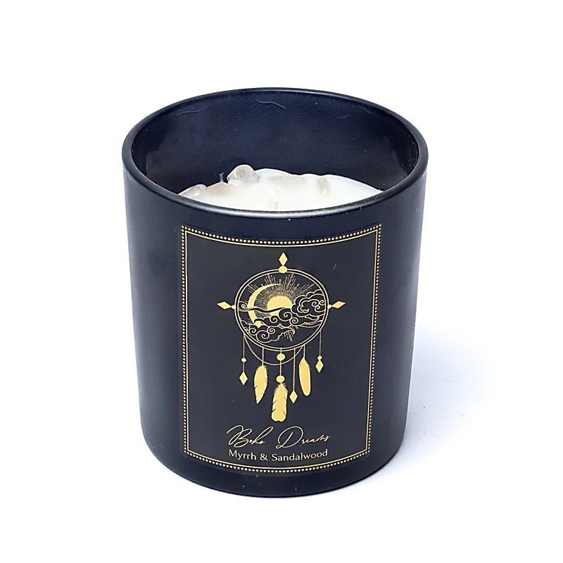Boho Dreams Candela con pietre di Cristallo di Rocca - Mirra e Sandalo - Clorophilla Shop