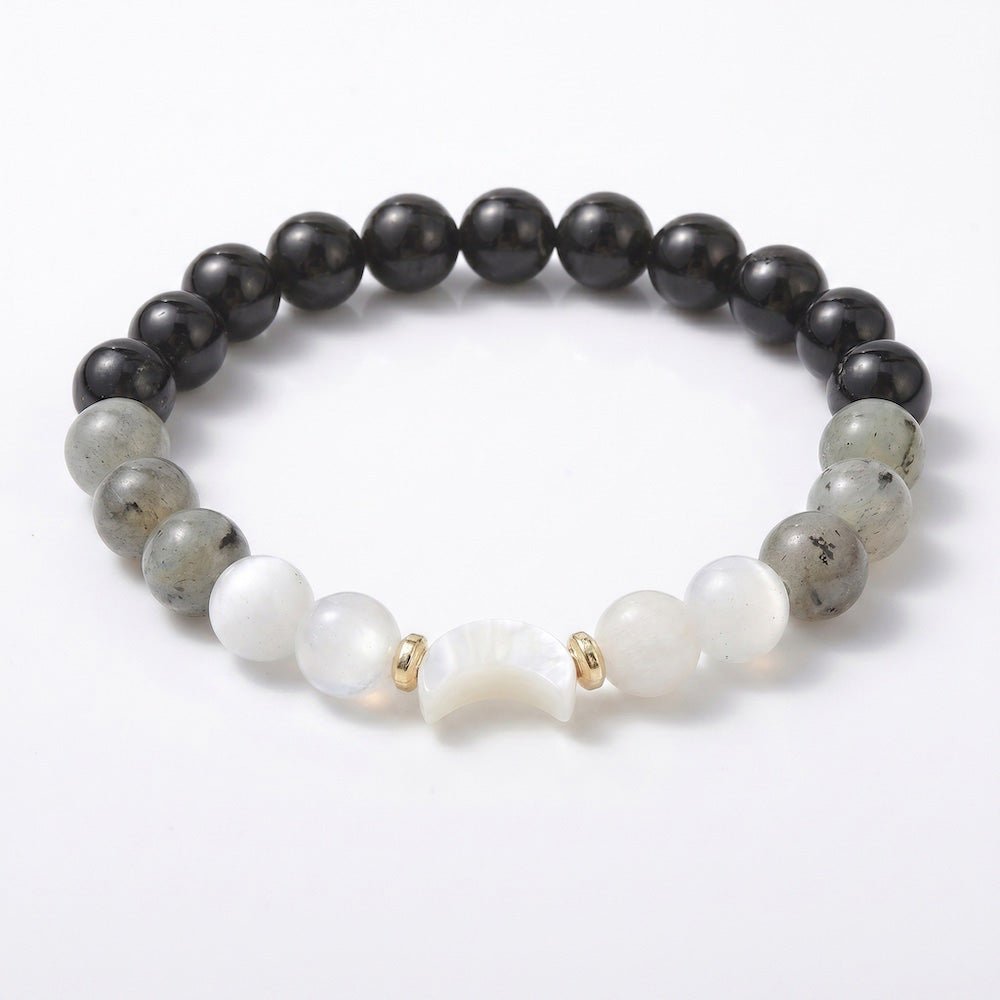 Bracciale Combo in Pietre Naturali: Tormalina, Labradorite e Selenite, Luna in Conchiglia - Clorophilla Shop