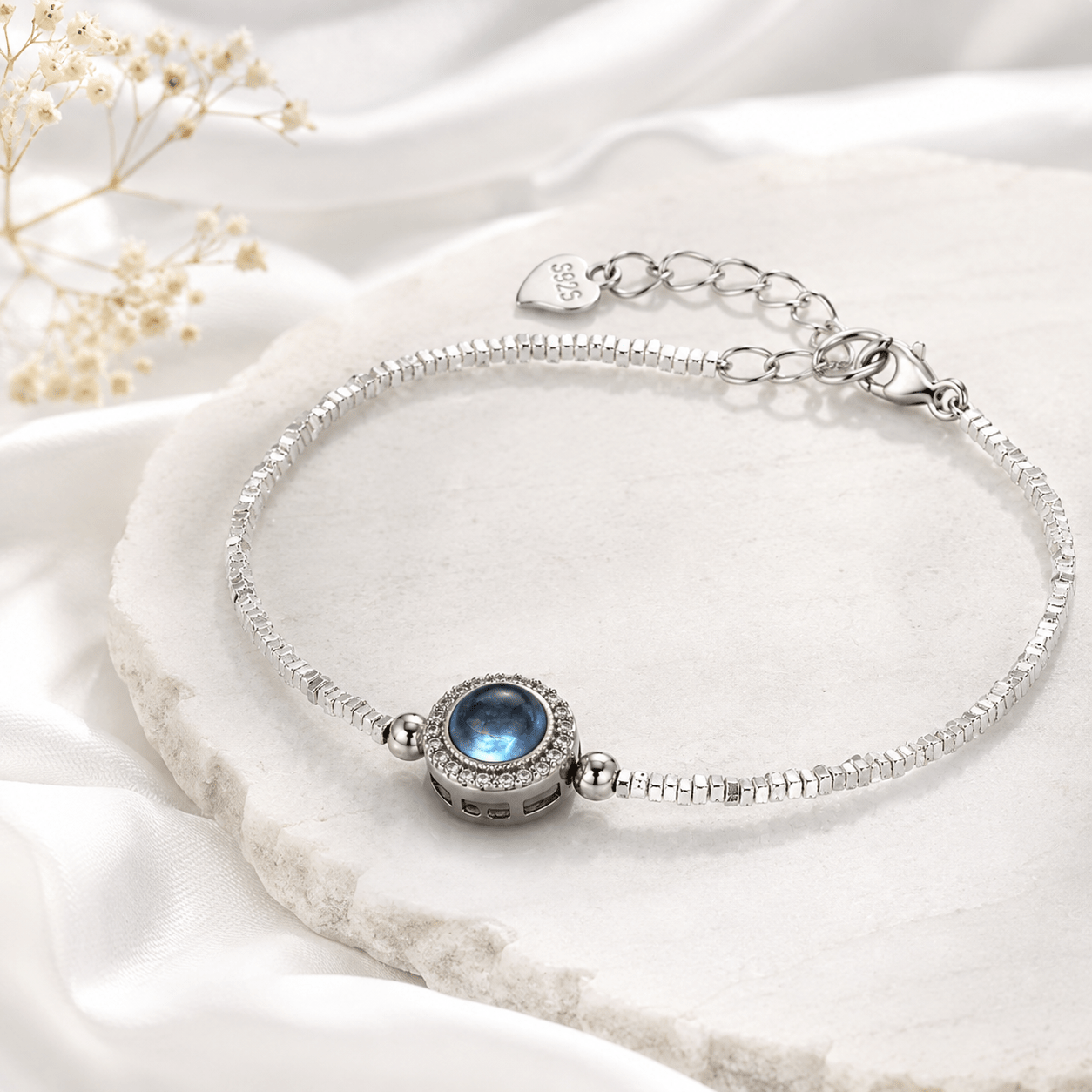 Bracciale in Argento 925 con Acquamarina Naturale – Sfere in Pietra e Centrale Pavé - Clorophilla Shop