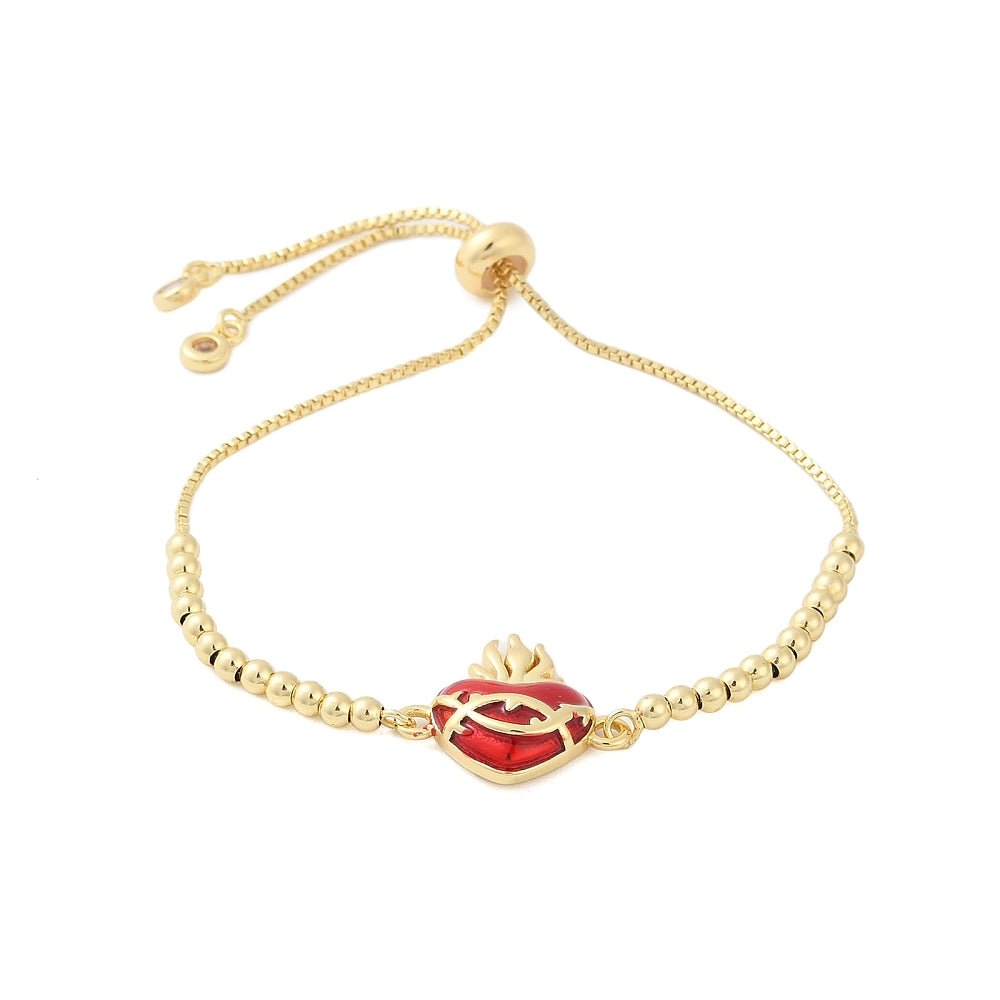 Bracciale in Ottone Sacro Cuore Placcato Oro con Zirconi Cubici – Maglia a Catena Box con Cuore Smaltato - Clorophilla Shop