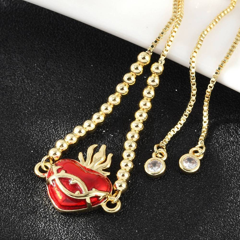Bracciale in Ottone Sacro Cuore Placcato Oro con Zirconi Cubici – Maglia a Catena Box con Cuore Smaltato - Clorophilla Shop