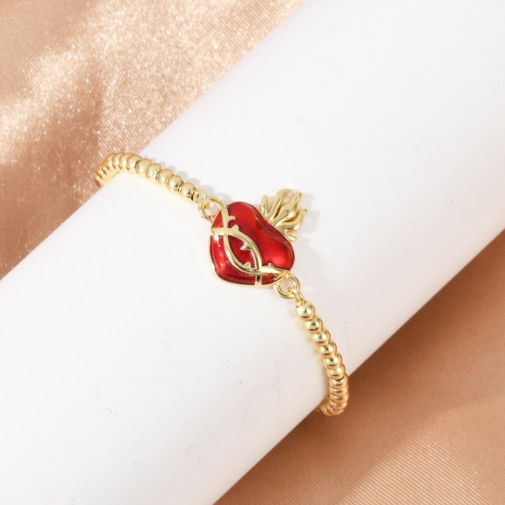 Bracciale in Ottone Sacro Cuore Placcato Oro con Zirconi Cubici – Maglia a Catena Box con Cuore Smaltato - Clorophilla Shop