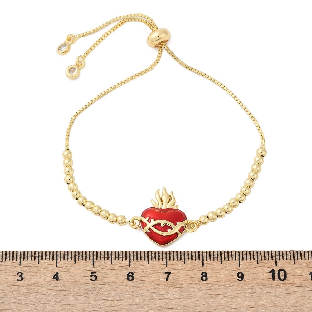Bracciale in Ottone Sacro Cuore Placcato Oro con Zirconi Cubici – Maglia a Catena Box con Cuore Smaltato - Clorophilla Shop
