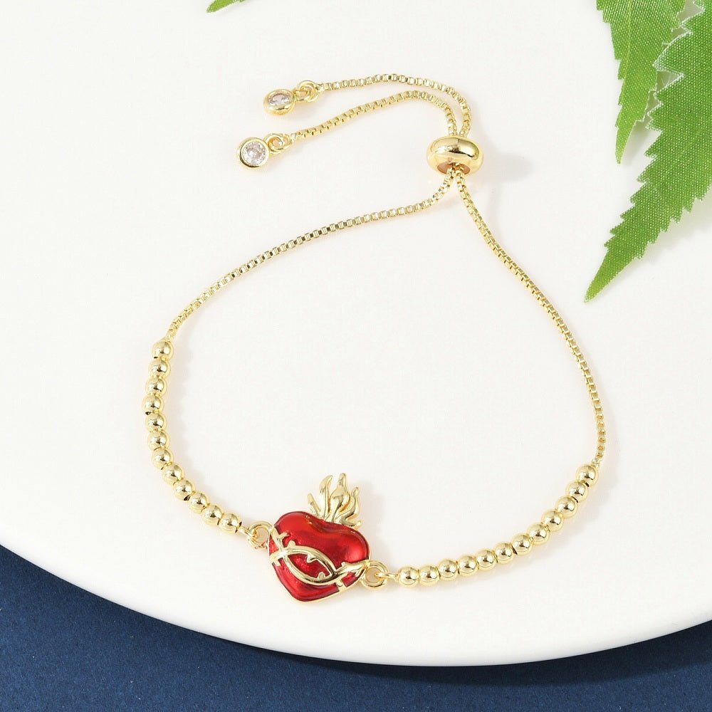 Bracciale in Ottone Sacro Cuore Placcato Oro con Zirconi Cubici – Maglia a Catena Box con Cuore Smaltato - Clorophilla Shop