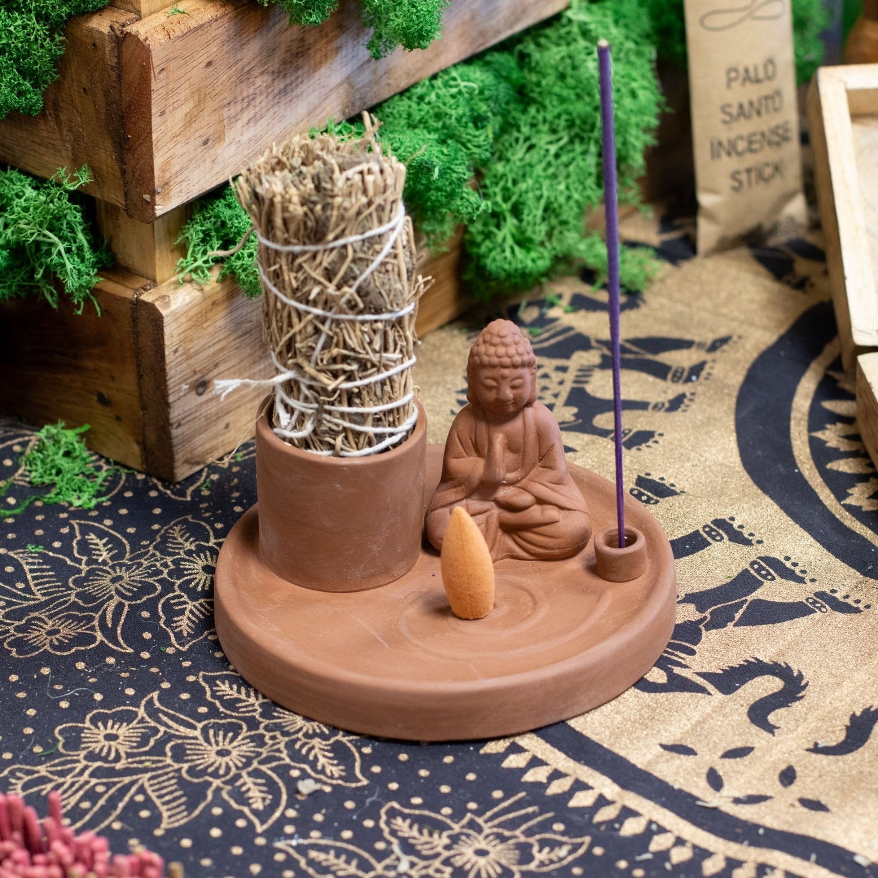 BRUCIAINCENSO BUDDHA MULTIUSO - Palo Santo, salvia bianca, incensi stick e coni - Clorophilla Shop