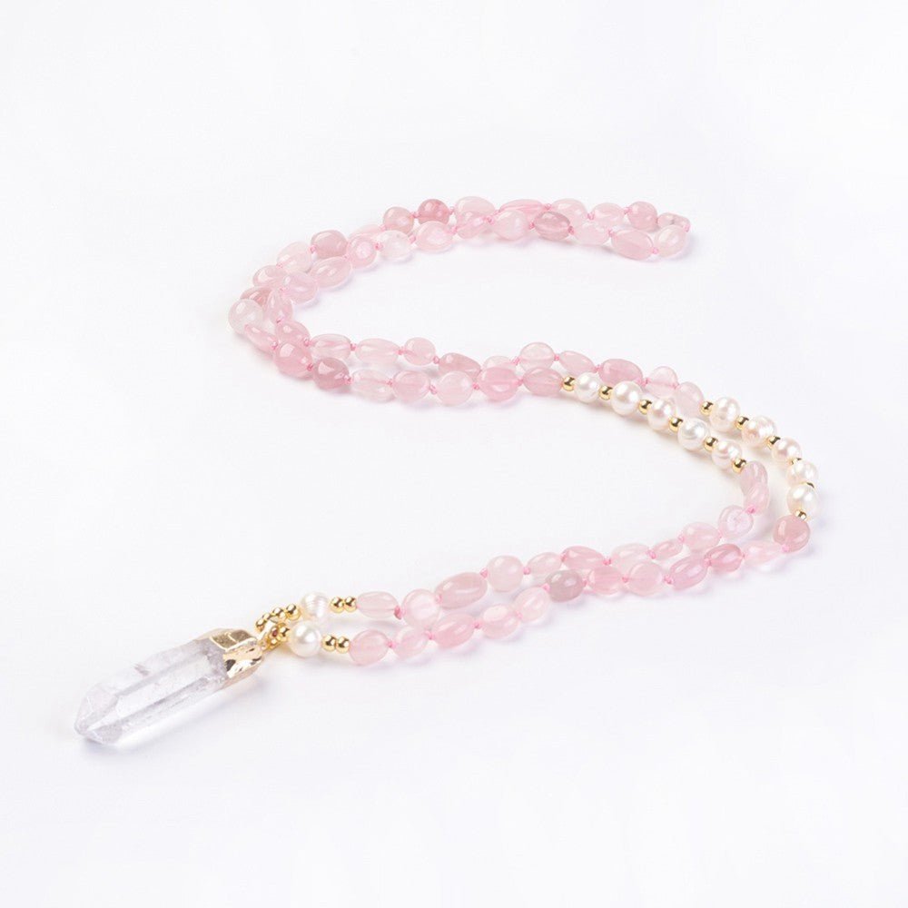 Collana in Quarzo Rosa con Punta in Cristallo di Rocca – Amore e Armonia - Clorophilla Shop