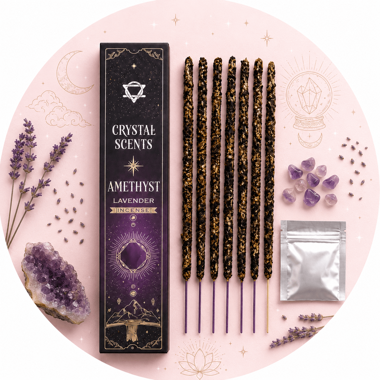 CRYSTAL SCENTS INCENSO IN BASTONCINI E CHIPS DI PIETRA NATURALE - Ametista - Clorophilla Shop