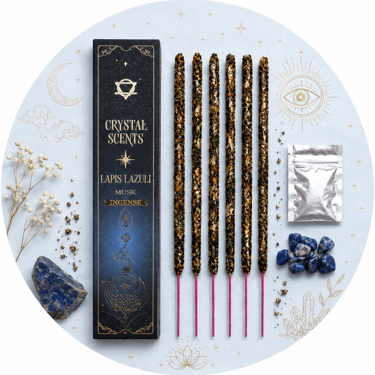 CRYSTAL SCENTS INCENSO IN BASTONCINI E CHIPS DI PIETRA NATURALE - Lapislazzuli - Clorophilla Shop