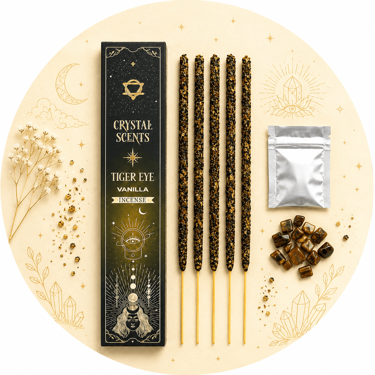 CRYSTAL SCENTS INCENSO IN BASTONCINI E CHIPS DI PIETRA NATURALE - Occhio di tigre - Clorophilla Shop