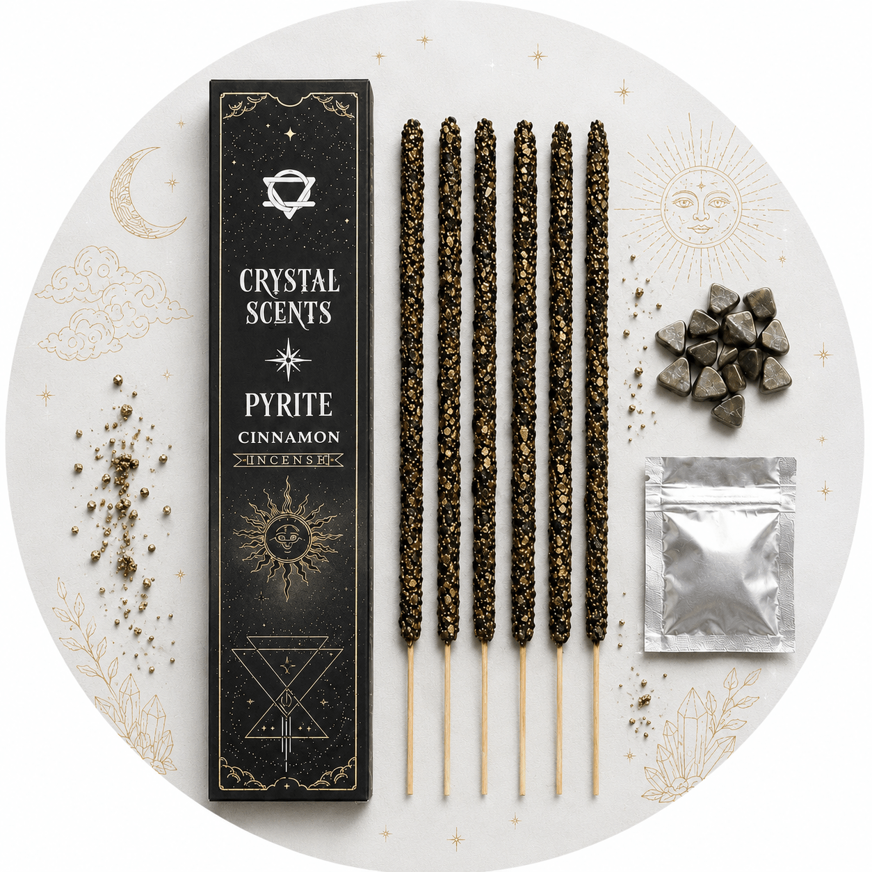 CRYSTAL SCENTS INCENSO IN BASTONCINI E CHIPS DI PIETRA NATURALE - Pirite - Clorophilla Shop