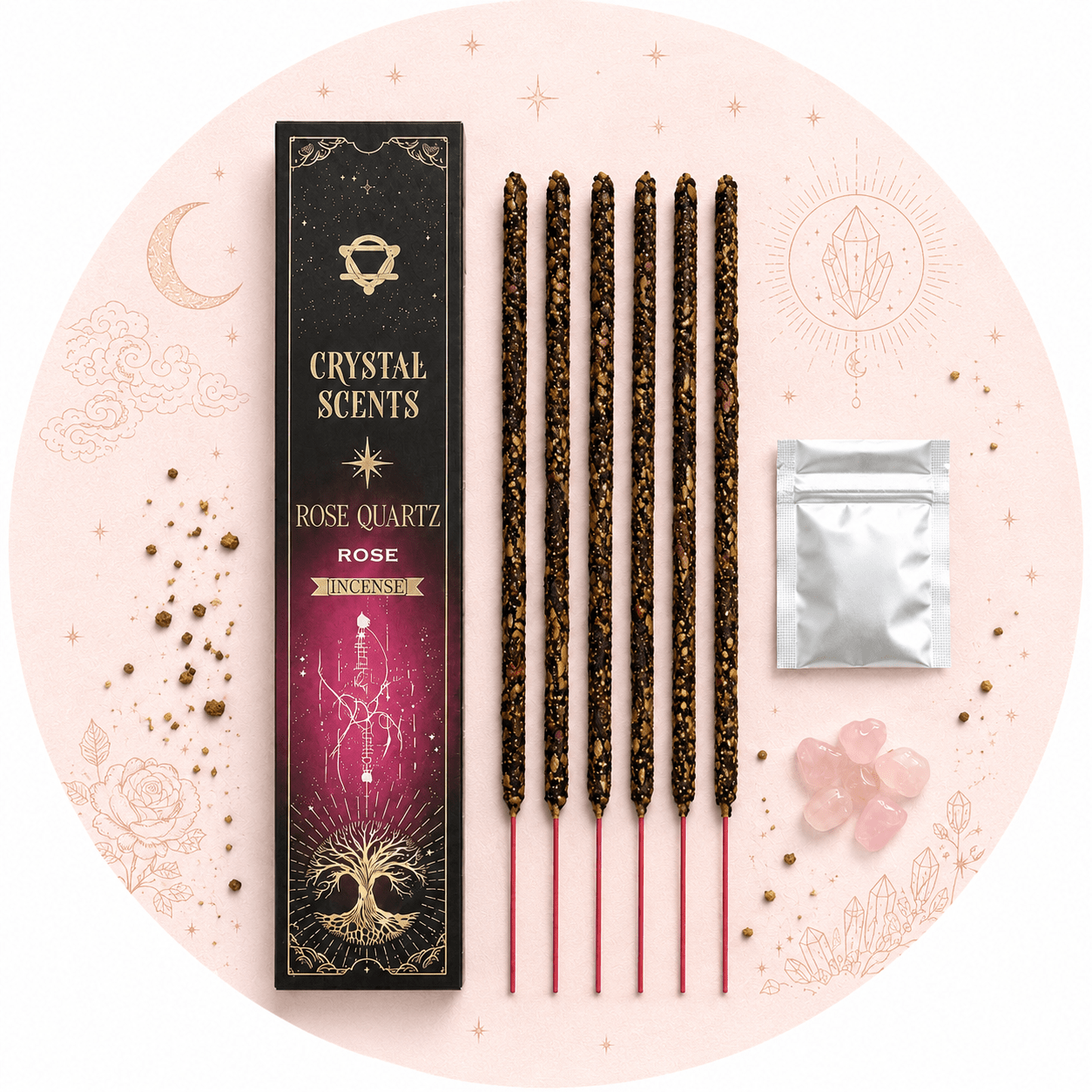 CRYSTAL SCENTS INCENSO IN BASTONCINI E CHIPS DI PIETRA NATURALE - Quarzo rosa - Clorophilla Shop