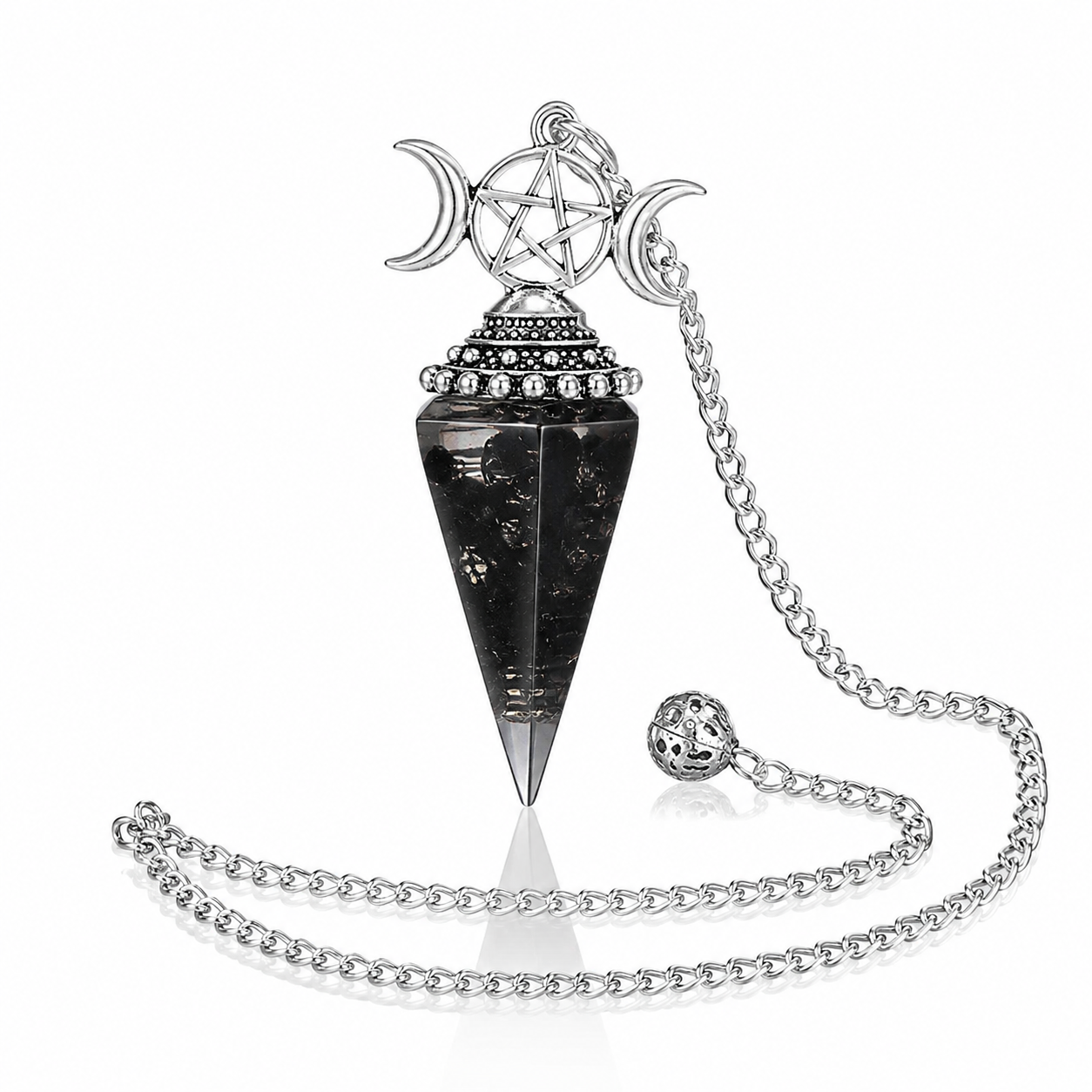 Pendolo Orgonite con Ossidiana Naturale Tripla Luna e Pentacolo