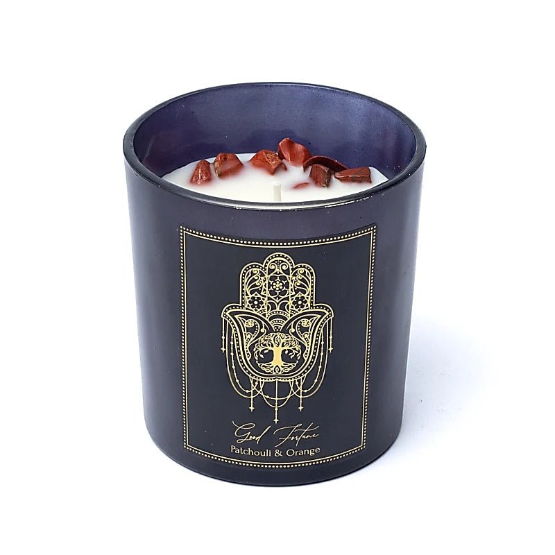 Good Fortune Candela con pietre di Diaspro Rosso - Patchouli e Arancia - Clorophilla Shop