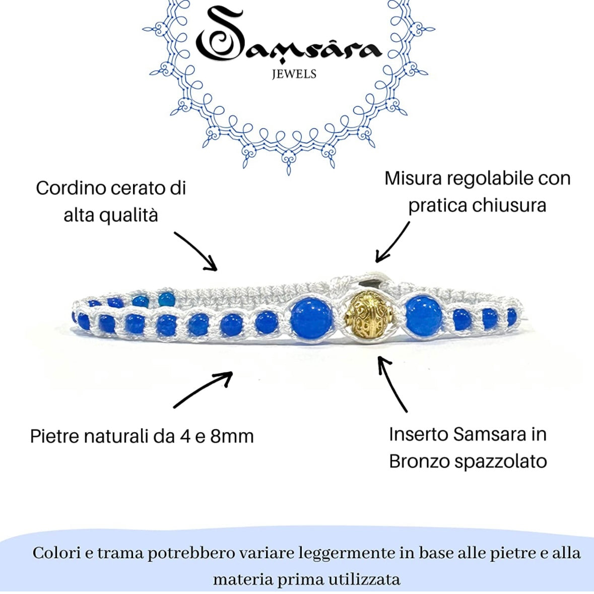 Samsara Cavigliera tibetana Shamballa con pietre - TURCHESE CELESTE FILO GRIGIO