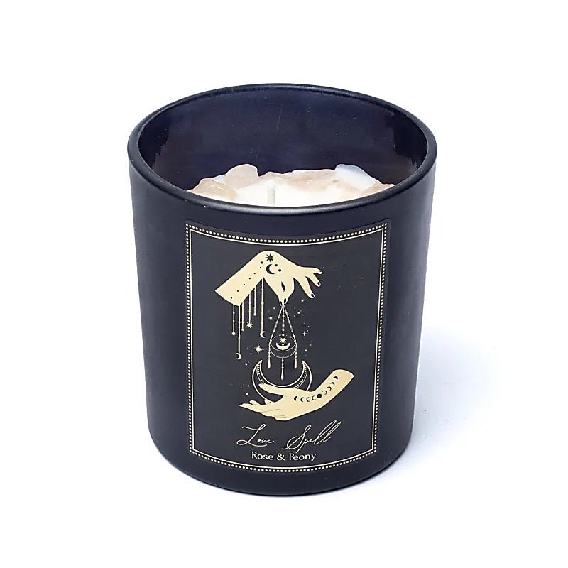 Love Spell Candela con pietre di Quarzo Rosa - Rosa e Peonia - Clorophilla Shop