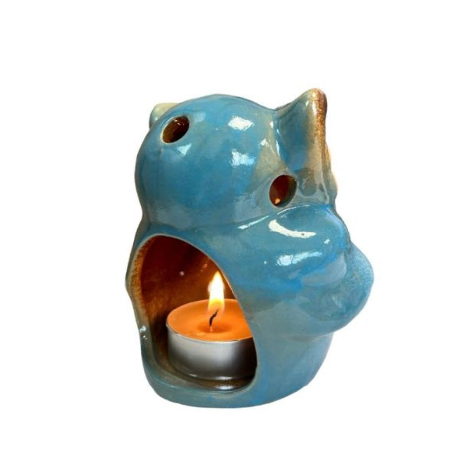 Gufo Illuminazione d&#39;atmosfera in ceramica azzurro - Portalumino decorato