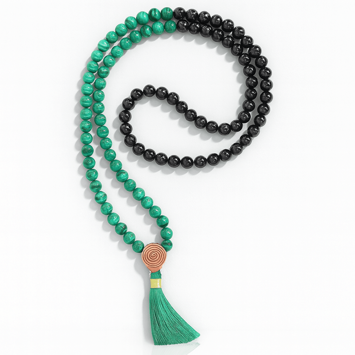 MALA TIBETANA IN MALACHITE E TORMALINA NERA - Cambiamento profondo, protezione e trasformazione - Clorophilla Shop