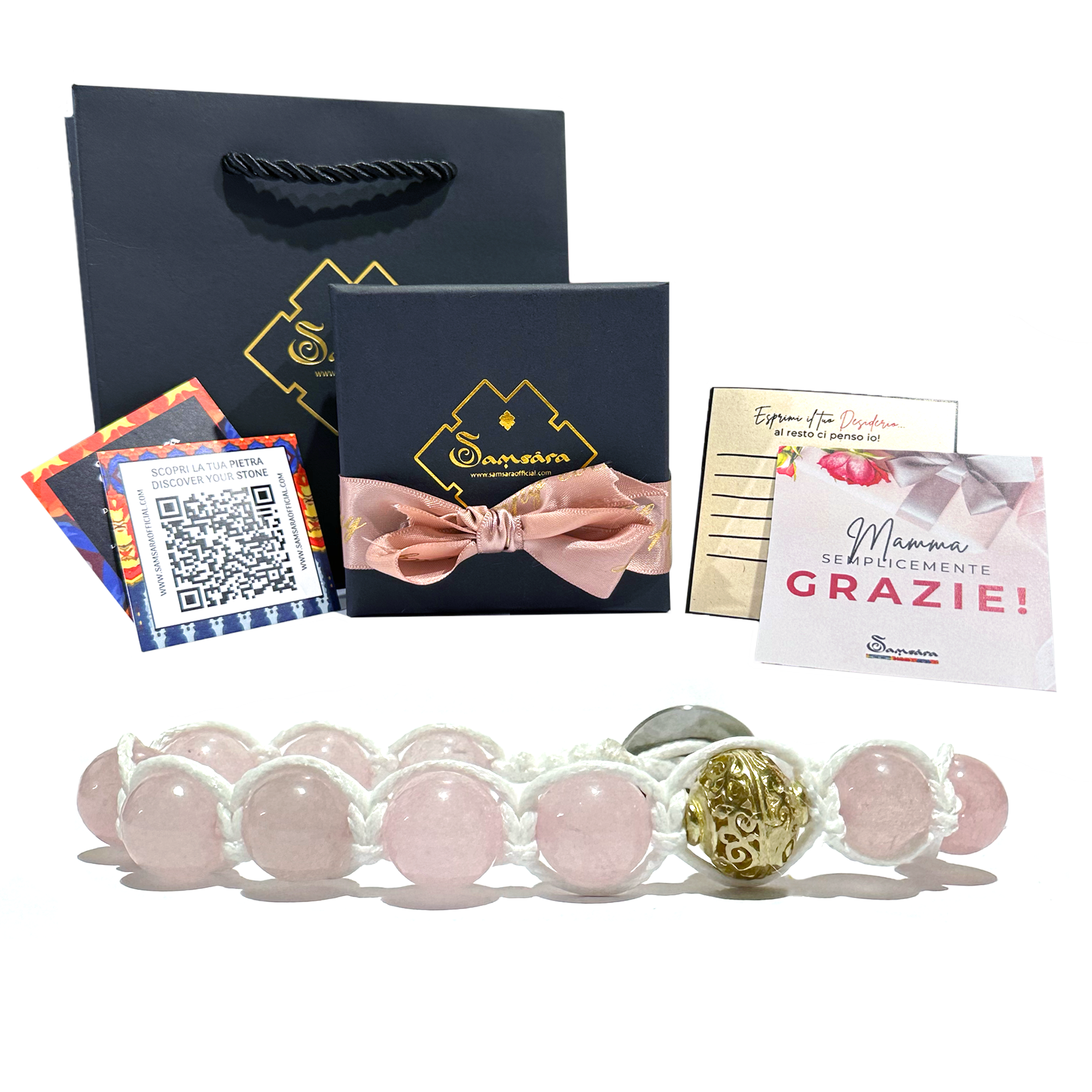 SAMSARA BRACCIALE FESTA DELLA MAMMA IN QUARZO ROSA - Confezione regalo e Cartoline Incluse