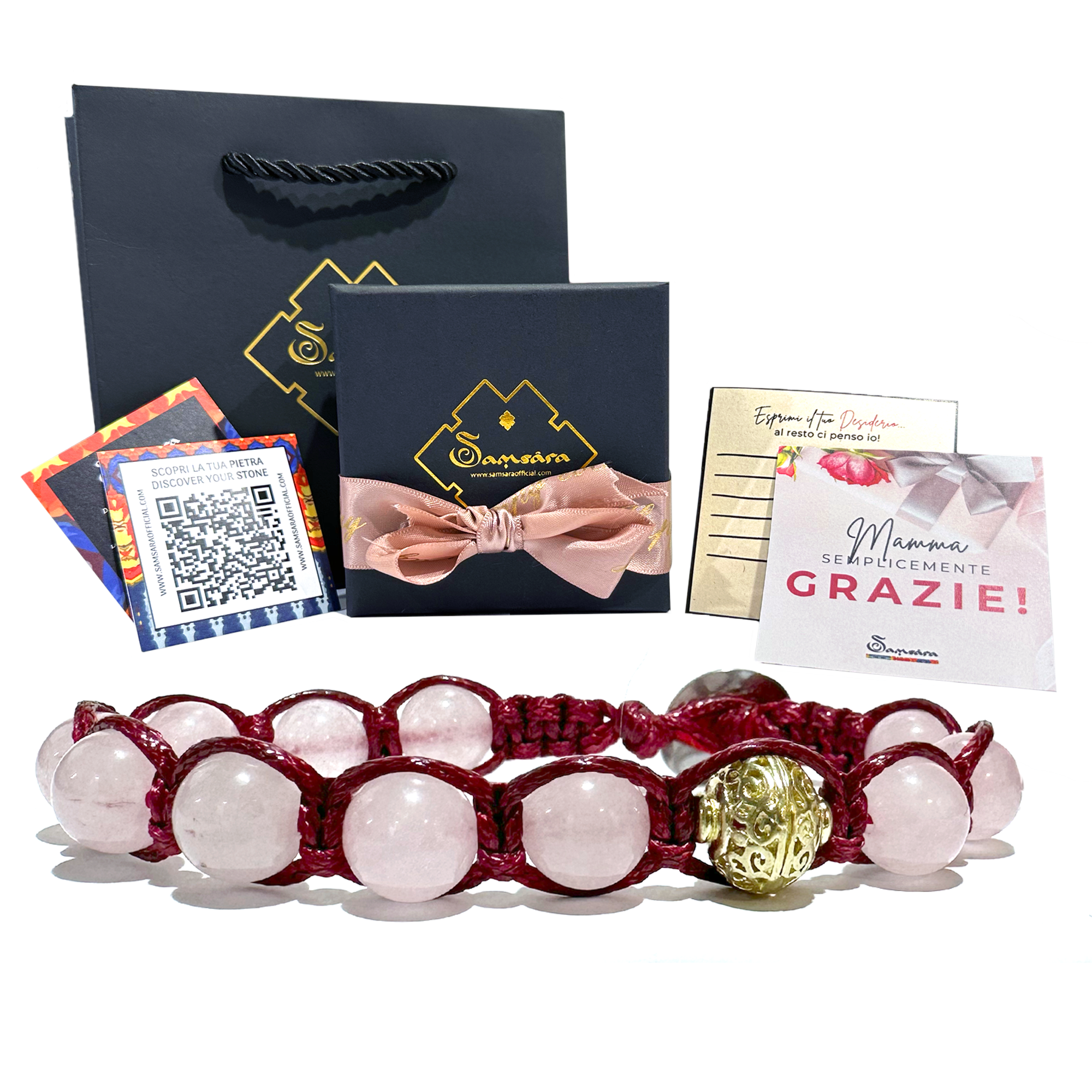 SAMSARA BRACCIALE FESTA DELLA MAMMA IN QUARZO ROSA - Confezione regalo e Cartoline Incluse