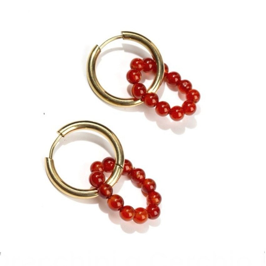 Orecchini a cerchio con pietre di Agata rossa - Acciaio inossidabile - Clorophilla Shop
