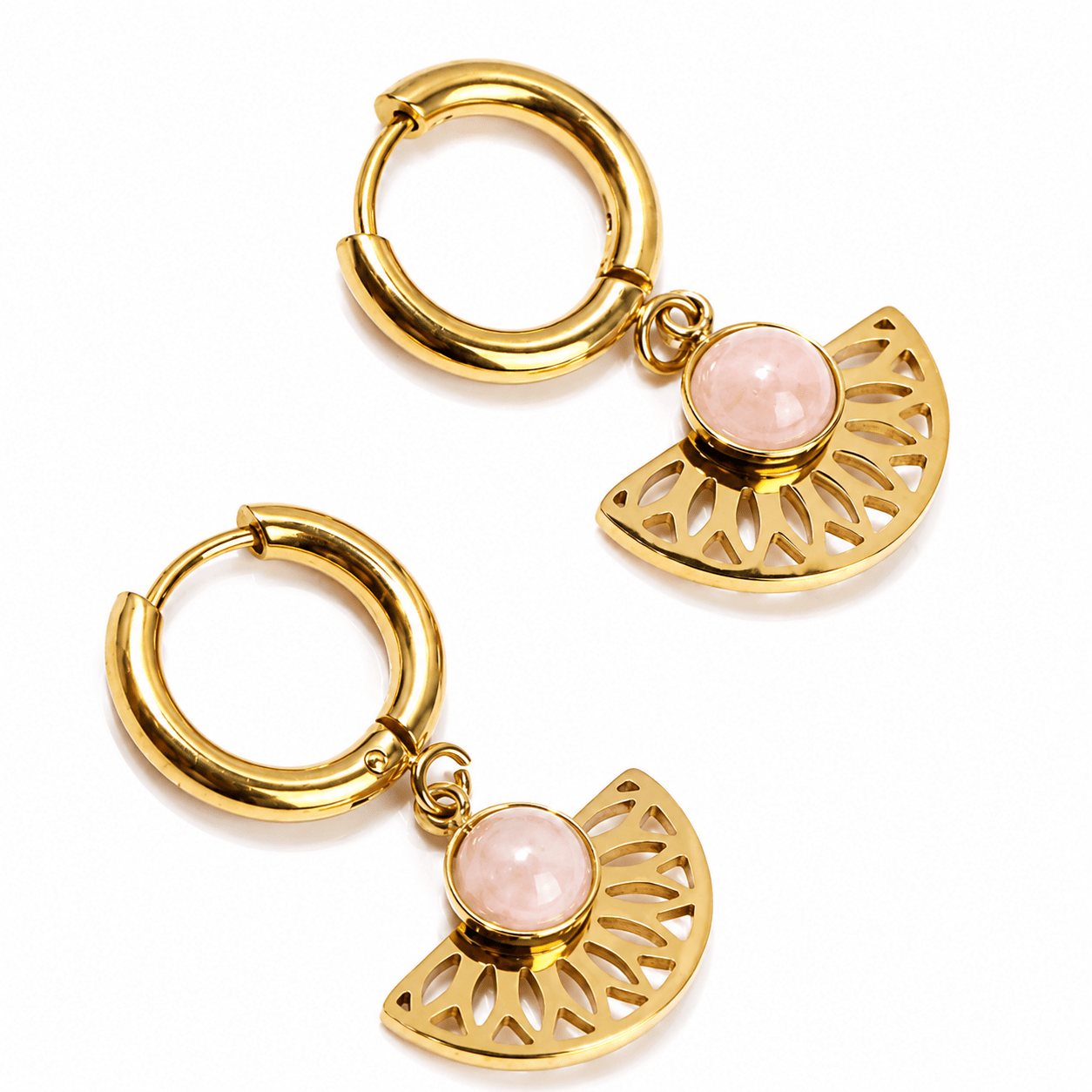 ORECCHINI AZTECO CON QUARZO ROSA - Acciaio inox placcato oro - Clorophilla Shop