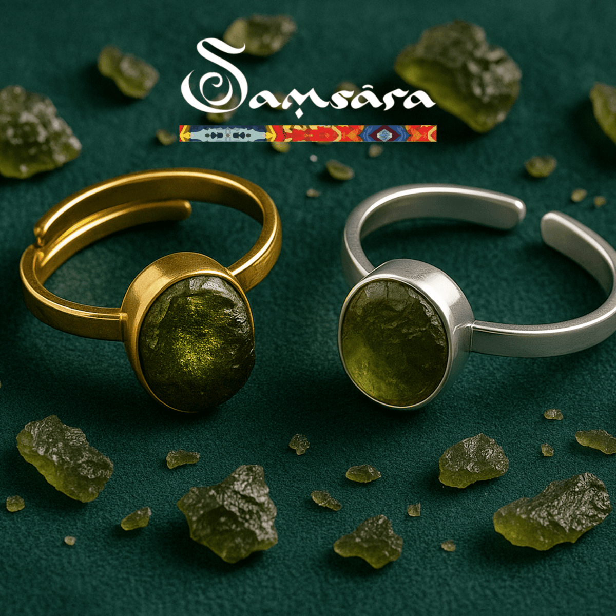 Samsara - Anello Moldavite in argento 925 naturale con garanzia, regolabile - Clorophilla Shop