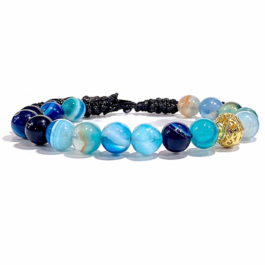 SAMSARA BRACCIALE TIBETANO IN AGATA BLU STRIATA - Calma, comunicazione ed equilibrio - Clorophilla Shop